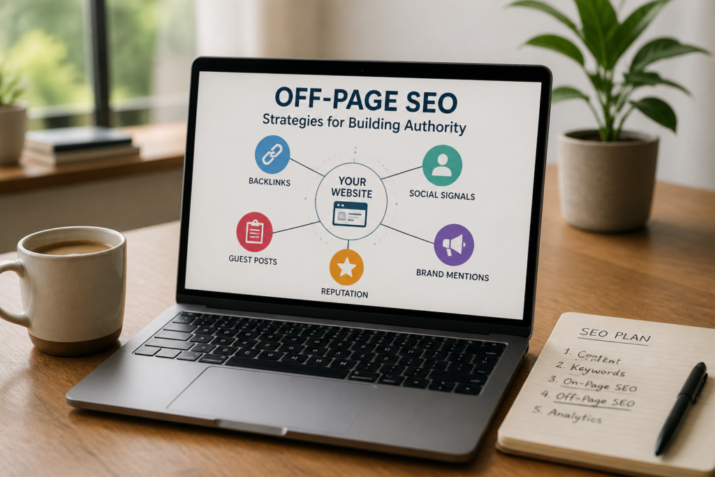 Laptop displaying off-page SEO strategies with backlinks, social signals, and brand mentions.