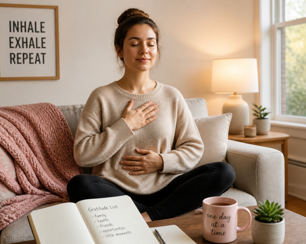 Woman meditating peacefully in a cozy living room setting.