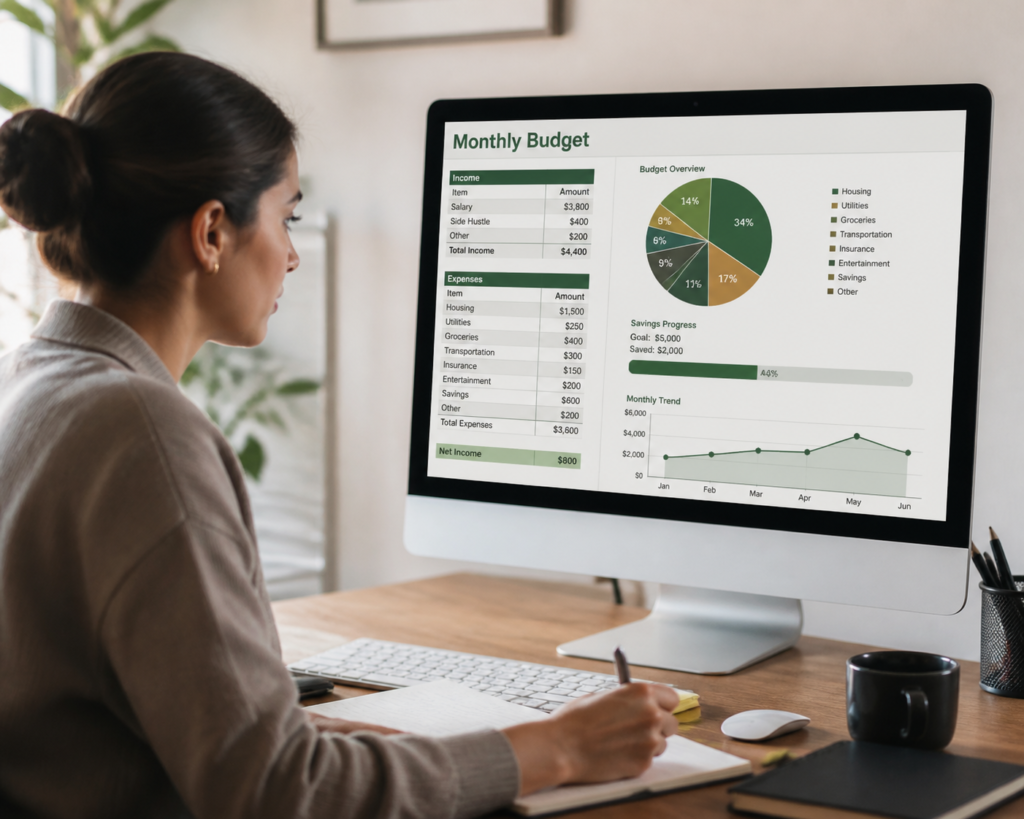 Woman analyzing monthly budget data on vctrs.io website.