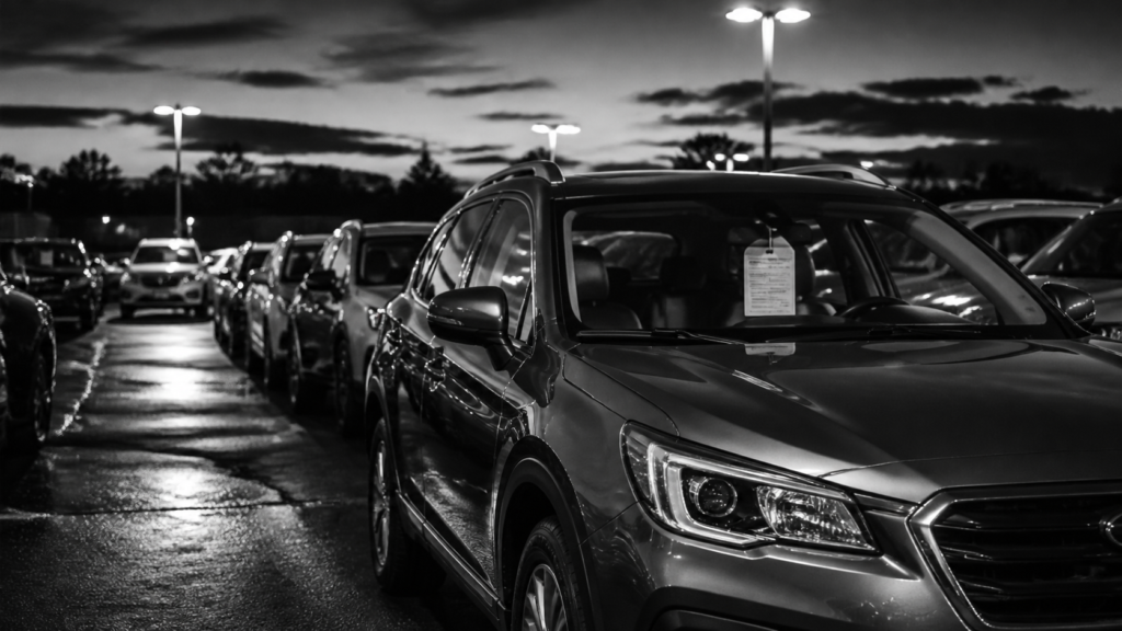 Black SUV parked in a well-lit car parking lot at night.