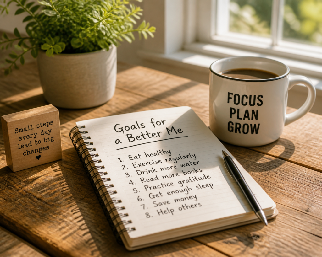 Notebook with goals for self-improvement and a coffee mug on a wooden desk.