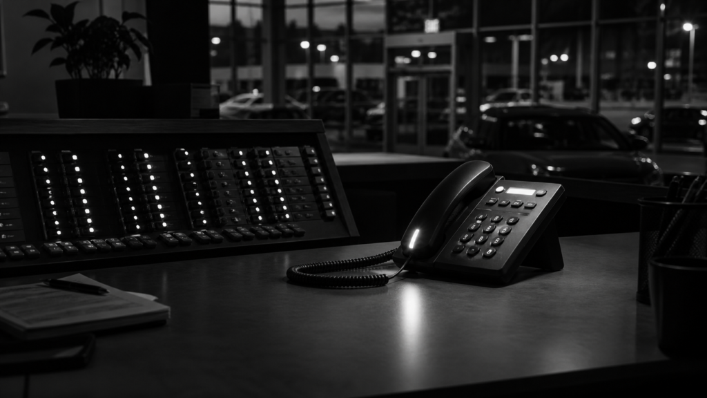 Office desk with telephone and control panel in a professional setting.