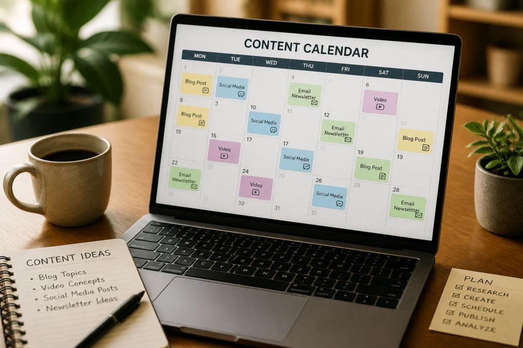 Digital content calendar on a laptop screen for content planning and scheduling.