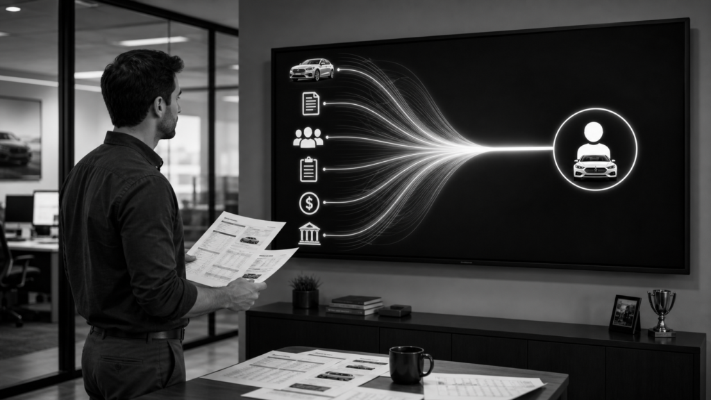 Businessman analyzing data flow on digital screen at office.