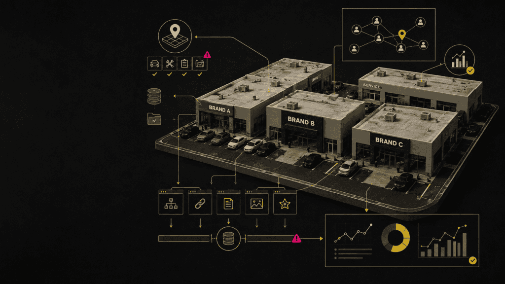 Connected dealership buildings with data analytics and digital marketing icons.