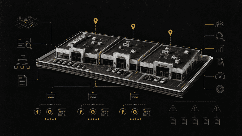 Connected dealership buildings with IoT and data analytics icons.
