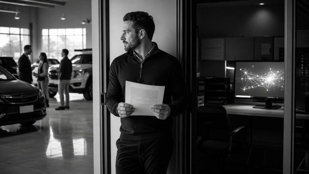 Man holding documents in a car showroom with cars and customers in background.