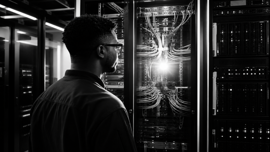 Technician inspecting server racks in a data center with cabling.