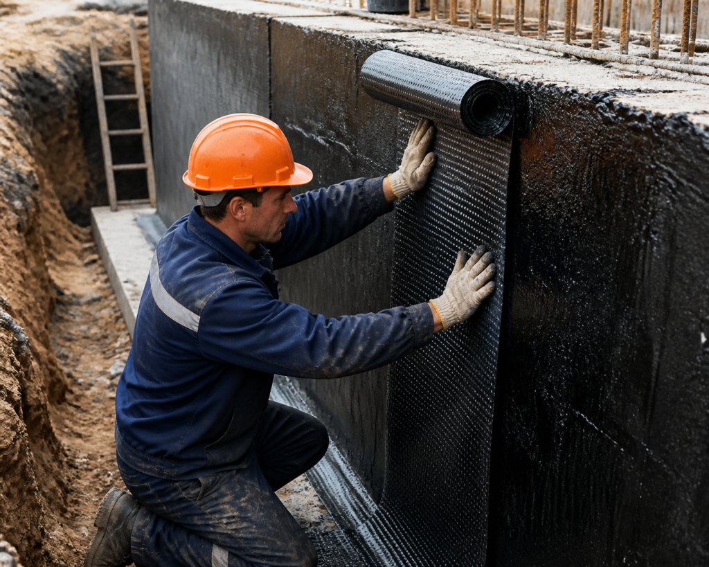 Worker installing waterproof membrane on building foundation.