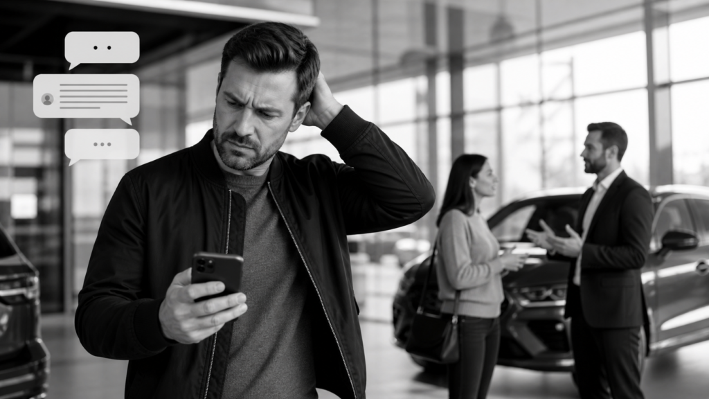 Man looking confused while using smartphone at car dealership.