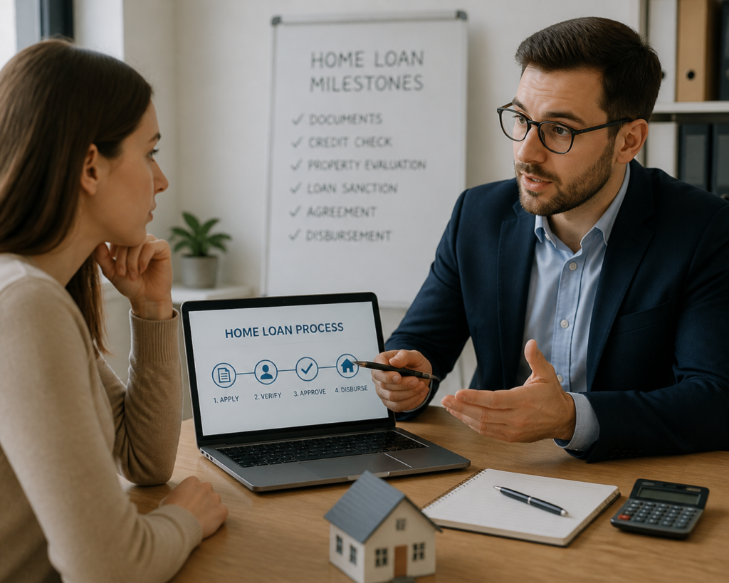 Financial advisor explaining home loan steps to client in office.