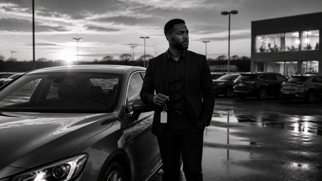 Businessman in suit holding key near parked car in parking lot at sunset.