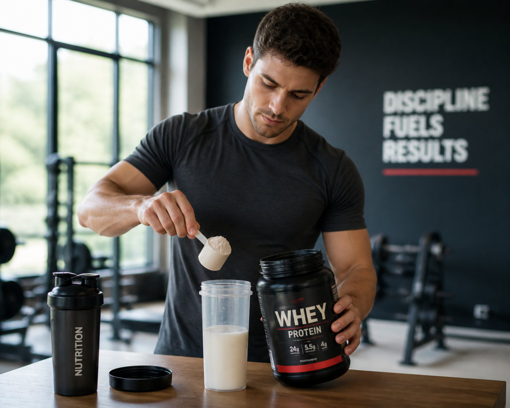 Man pouring whey protein into shaker bottle at gym.