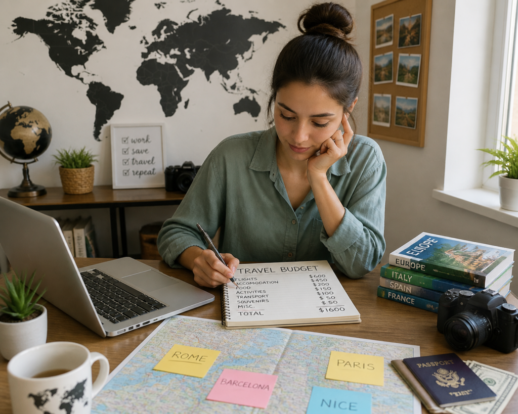 Young woman working on travel budget with maps and laptop in a cozy home office.