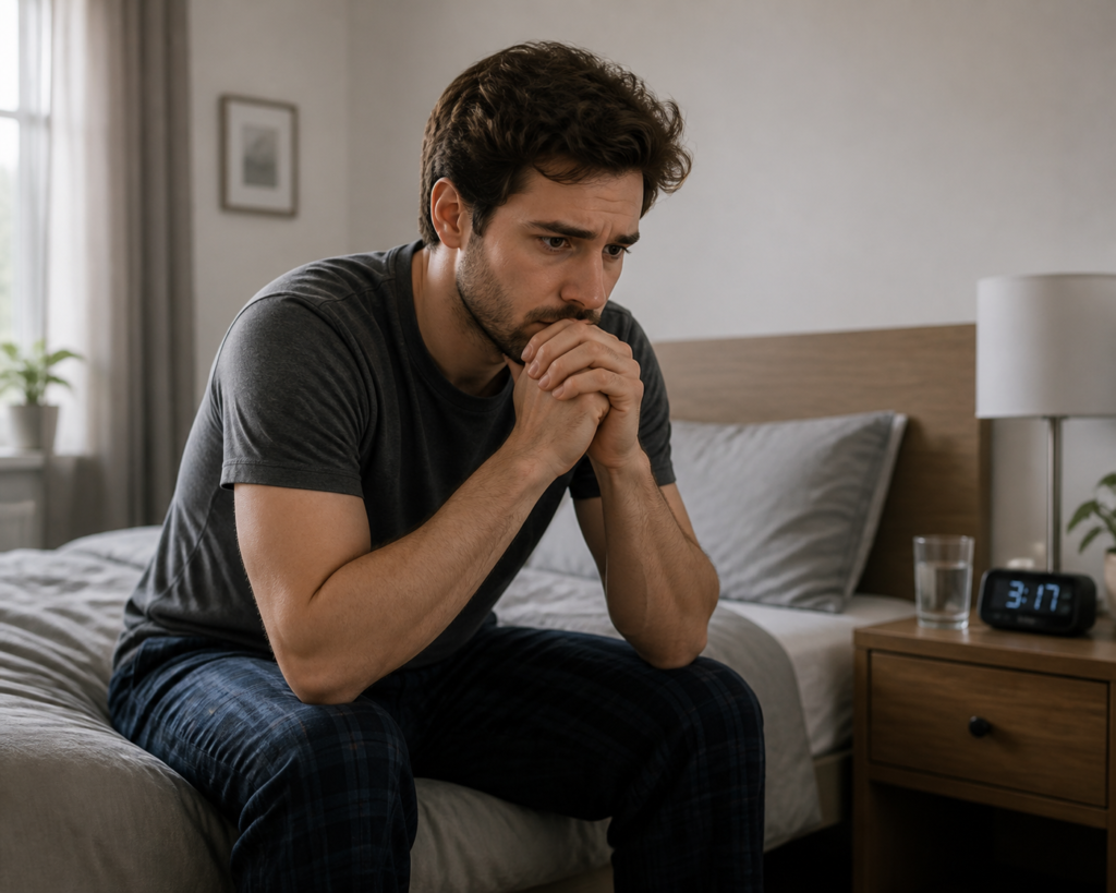 Man sitting on bed with thoughtful expression in bedroom setting.