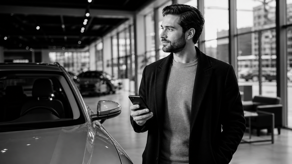 Man with smartphone at car dealership, looking at vehicle.