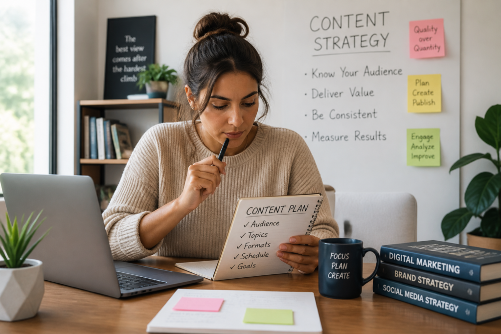 Woman analyzing content plan with books and notes on digital marketing strategy.