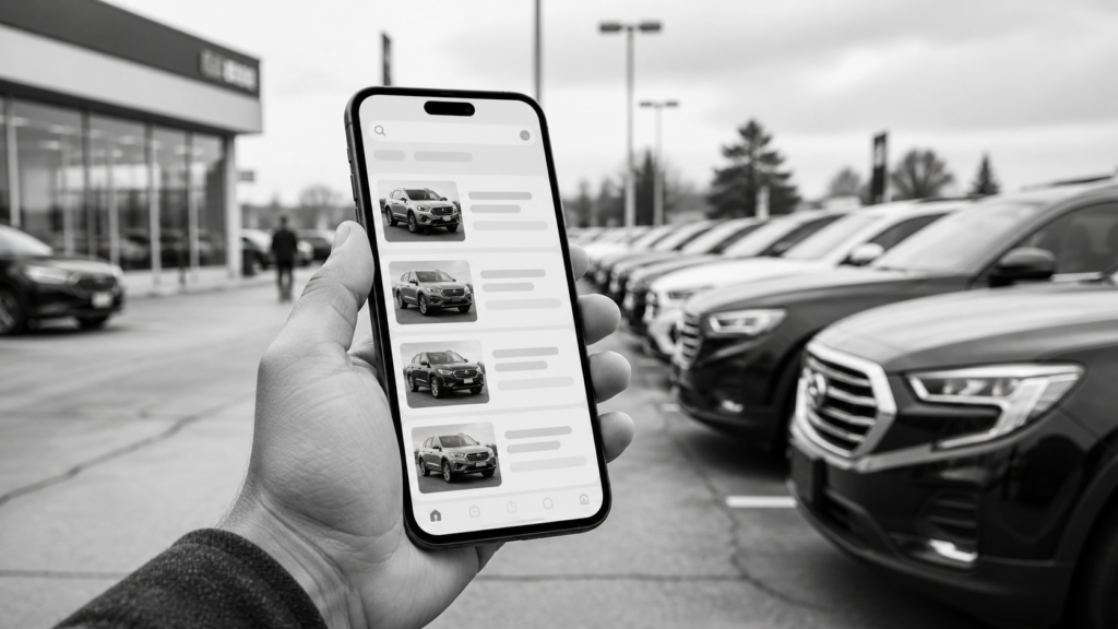 Person browsing car listings on smartphone at dealership lot.