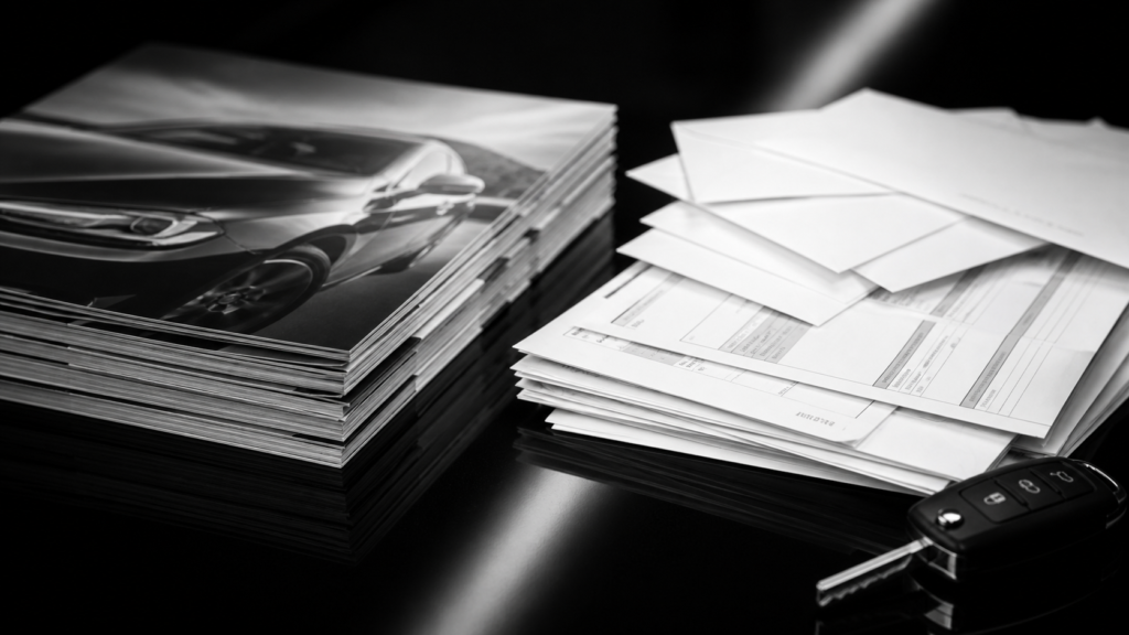 Stack of VCTRS.io brochures and car key on a black surface.