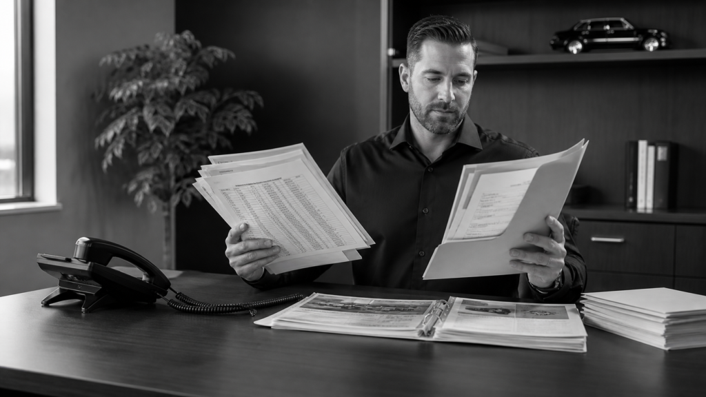 Man reviewing papers and digital files in an office setting.