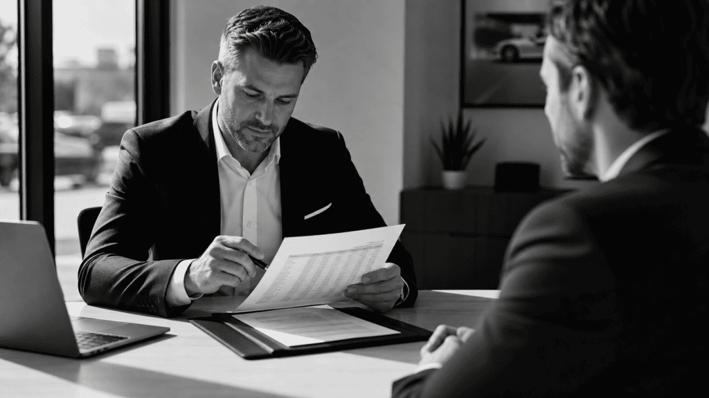 Two businessmen discussing documents in an office setting.
