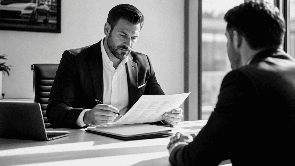 Two businessmen discussing documents in a modern office setting.