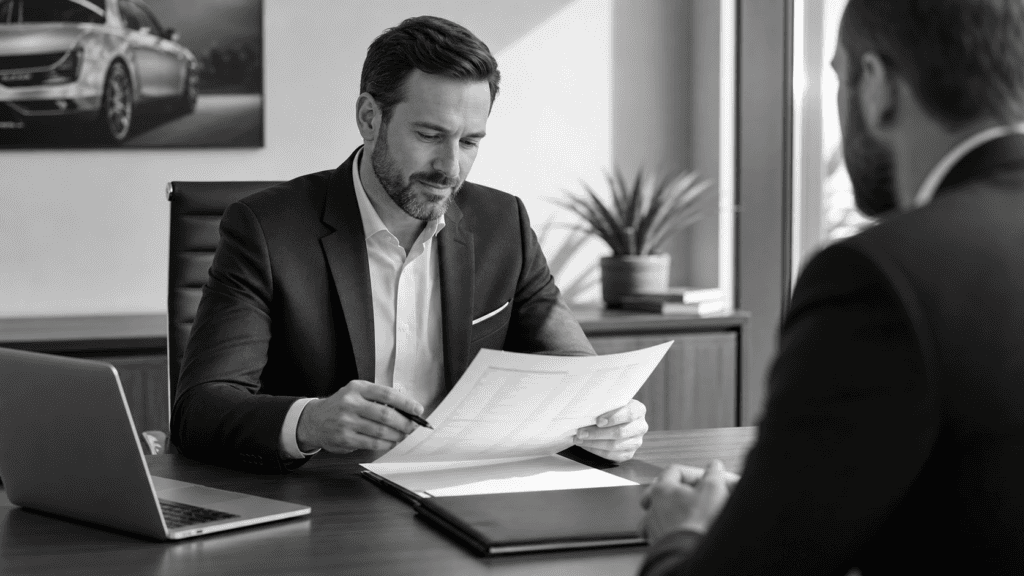 Two businessmen discussing documents in a modern office setting.