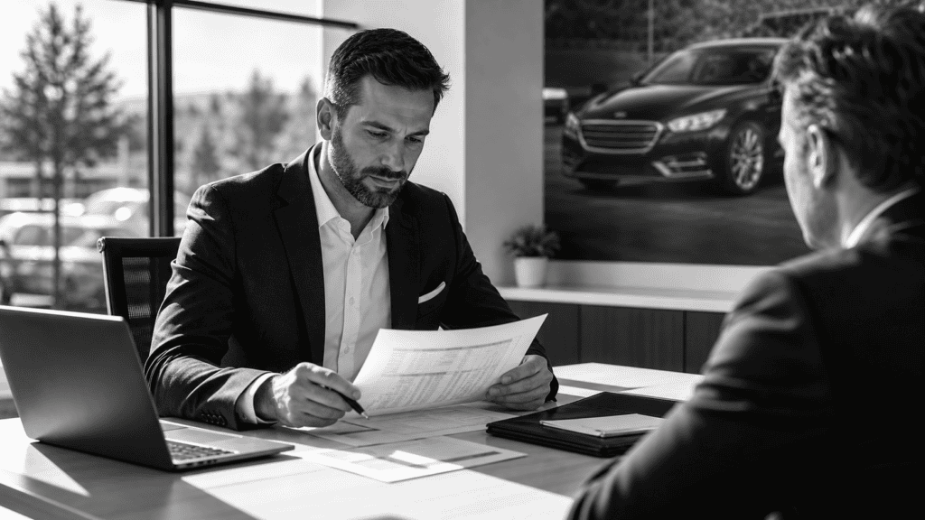 Two businessmen discussing documents in a modern office setting.