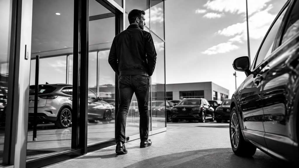 Customer looking at cars outside a modern car dealership.