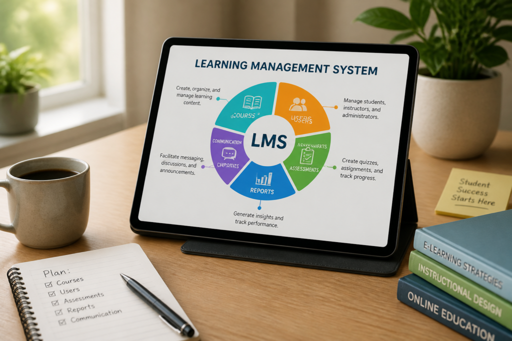 Tablet displaying LMS diagram with courses, users, assessments, reports, and communication.