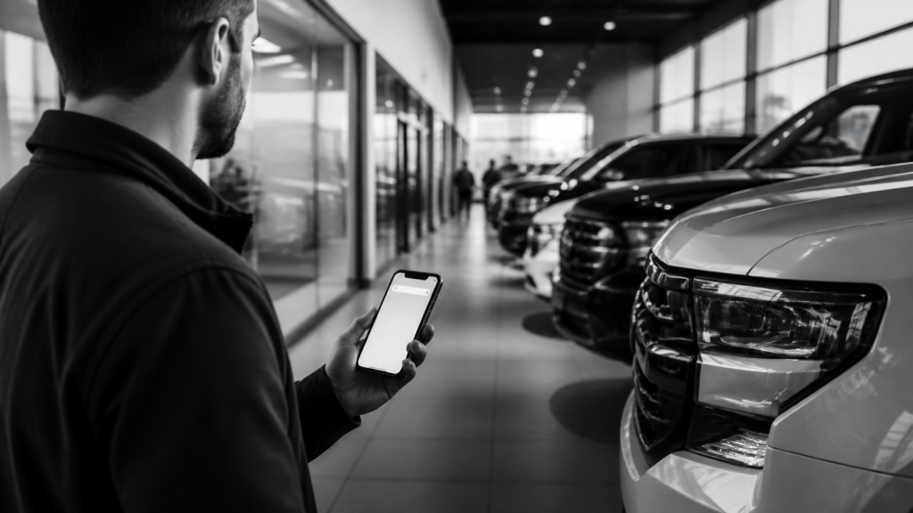 Customer using smartphone in modern car showroom with vehicles on display.