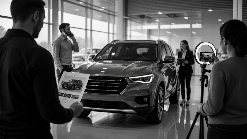 Car presentation at VCTRS.io with video recording setup in showroom.