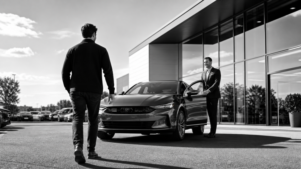Customer and salesperson near a sleek modern car outside dealership.
