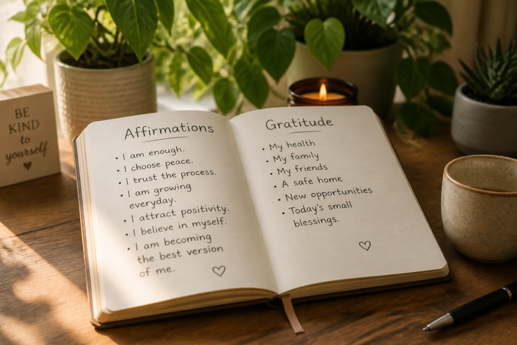 Open journal with affirmations and gratitude notes on a wooden desk.