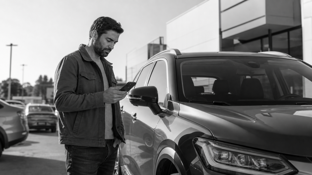 Man checking phone beside modern SUV in parking lot.