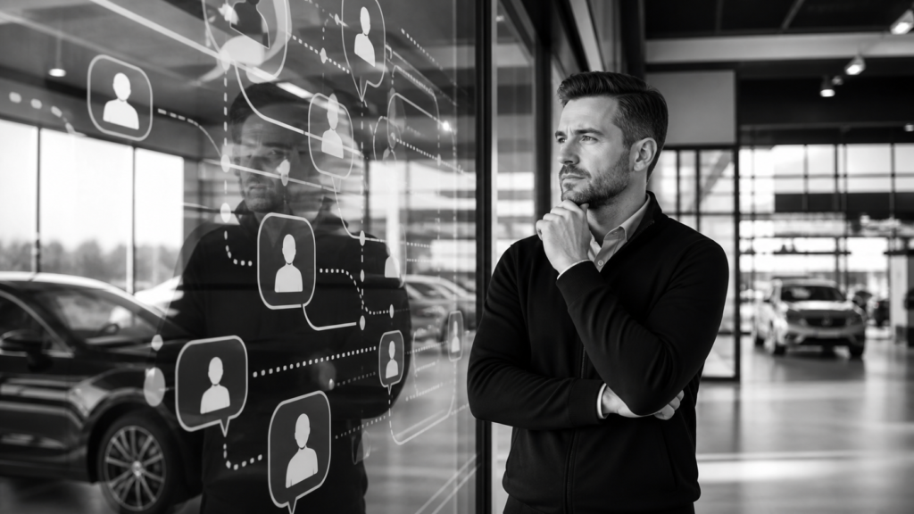 Man contemplating social network connections and data analysis.