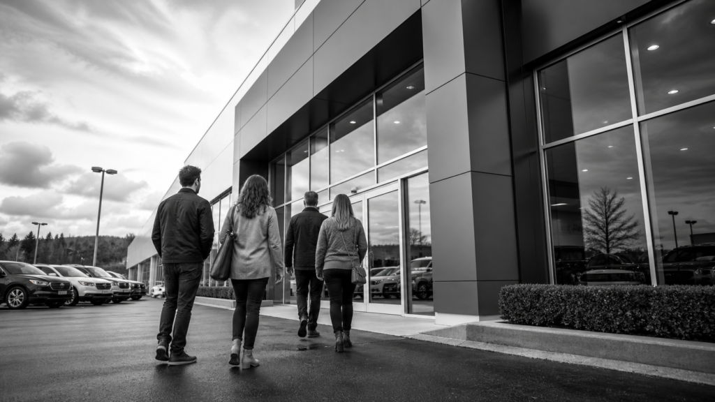 Group of people walking into VCTRS office building in a parking lot.