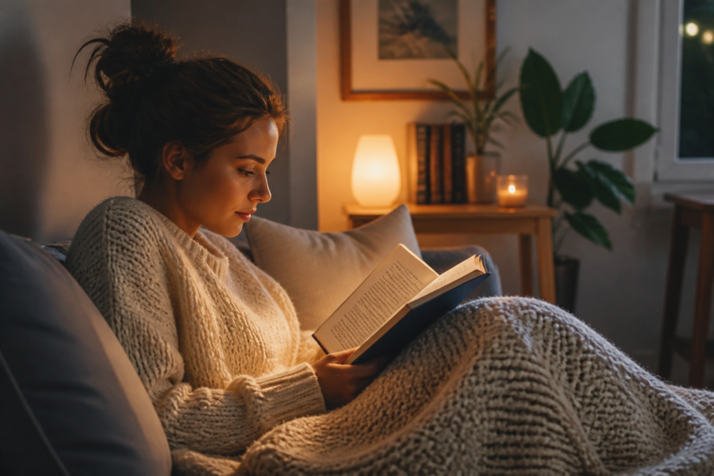Woman reading a book in a cozy, warmly lit room at night.