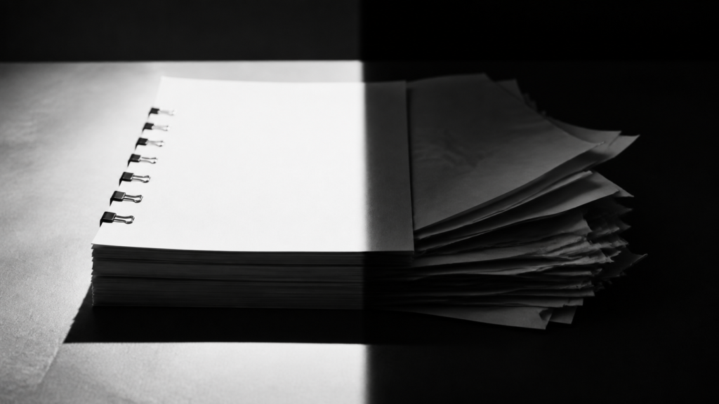 Stack of papers with blank pages on a dark background.