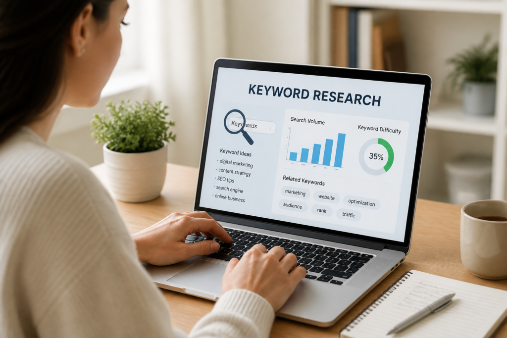 Person analyzing keyword research data on a laptop for SEO.