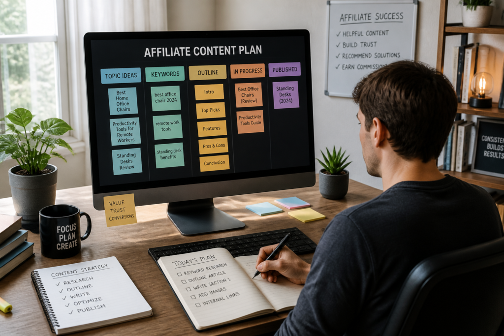 Person working on content plan with computer and notes at desk.