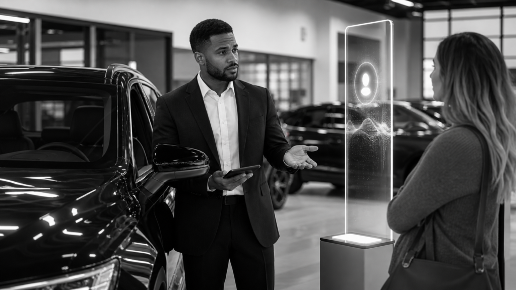 Man explaining car features to woman using digital display at dealership.