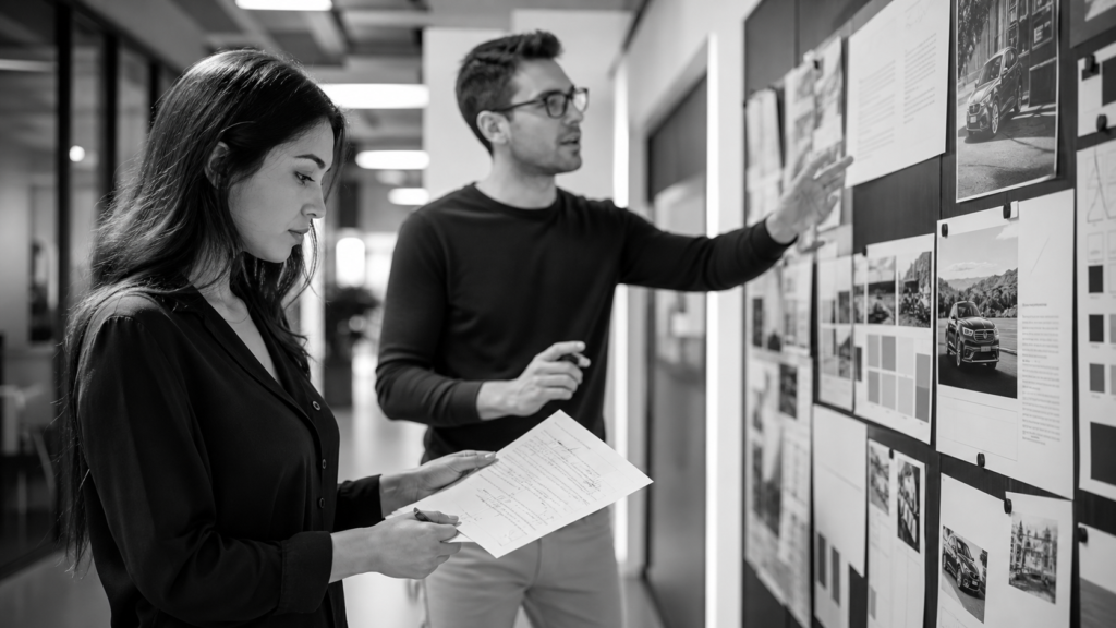 Two professionals analyzing project boards at VCTRS.io office.