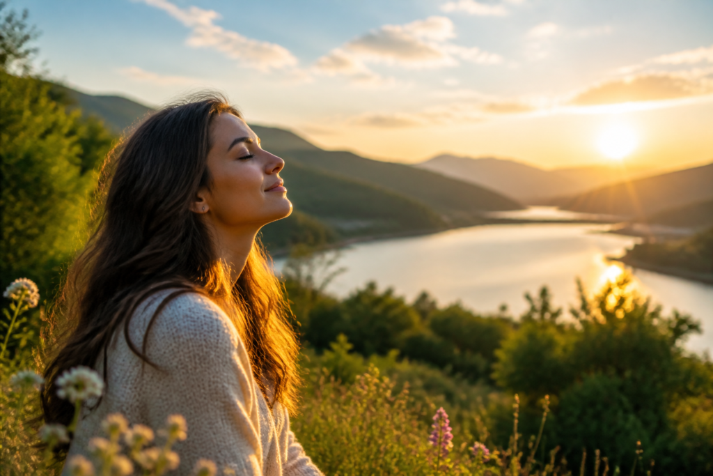 Woman with closed eyes enjoying sunset over mountains and river.