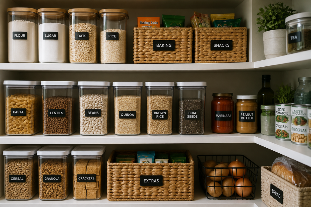 Pantry shelves with labeled jars of grains, pasta, and snacks for organized storage.