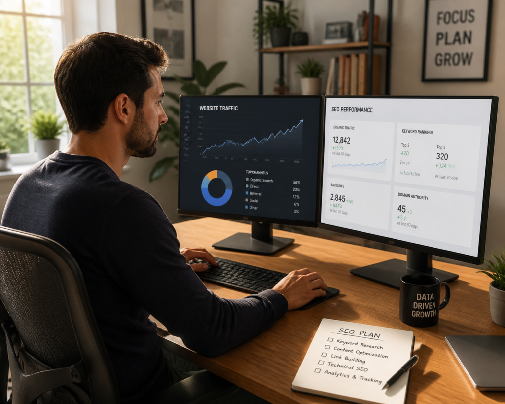 Man analyzing website traffic and SEO performance on dual monitors.