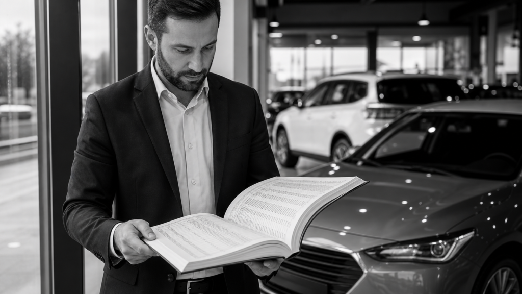 Man examining a car brochure in a modern car dealership showroom.