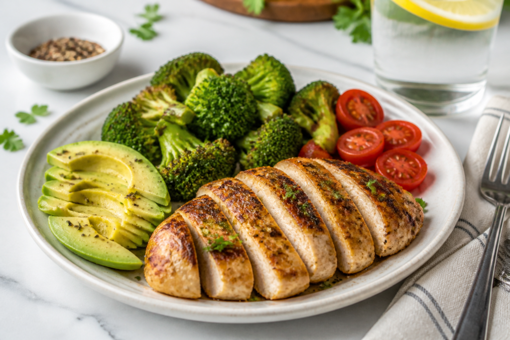 Grilled chicken with broccoli, cherry tomatoes, and avocado slices on a white plate.