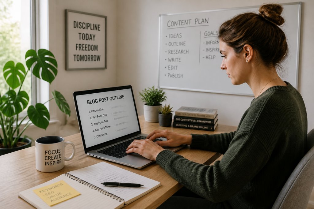 Woman working on content plan with whiteboard and laptop in modern office.