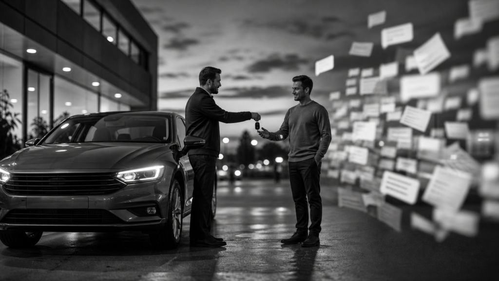 Two men shaking hands next to a car with floating documents in background.